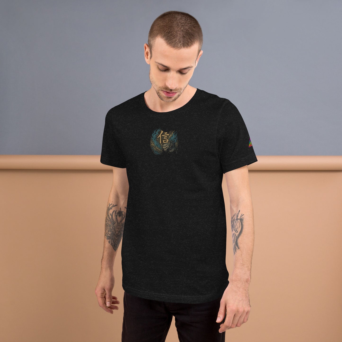 Hemp Pattern Triangle – "Faith" Kanji with Mythical Guardian Beast T-Shirt